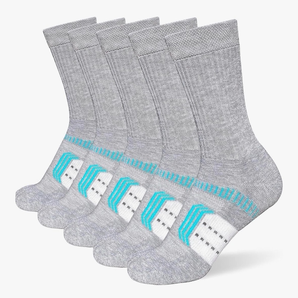 Women's Athletic Crew Socks - Light Gray with Aqua Accent (5-Pack)